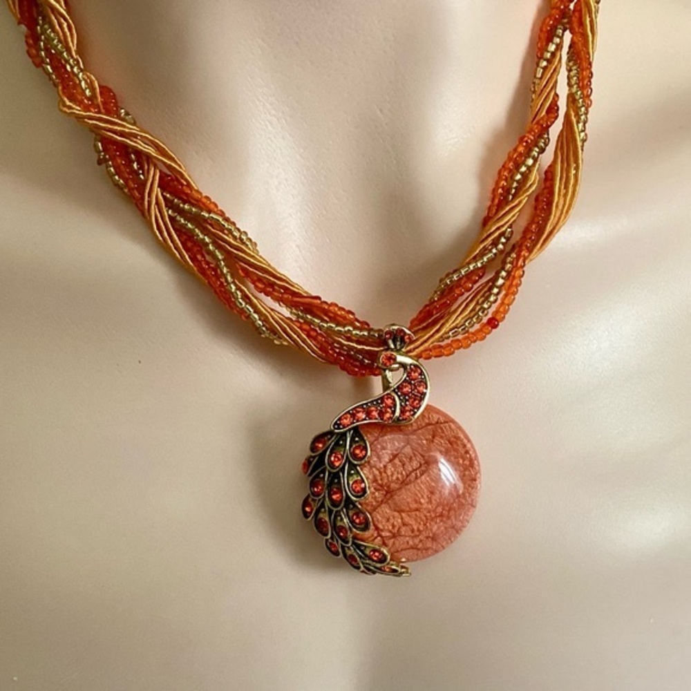 New! Beautiful Orange Gold Beaded Crystal Peacock Bird Necklace